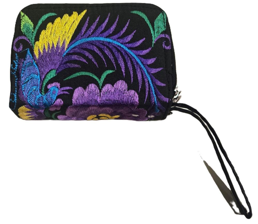 Adorable Jeweled-Colored Embroidered 3-Zip Around Pocketed Wristlet Wallet